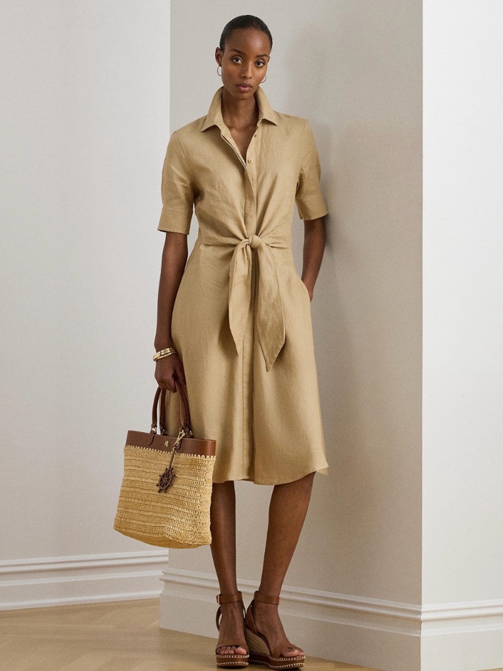 Lauren Ralph Lauren Women's Point Collar Shirt-Dress Birch Tan Size 10